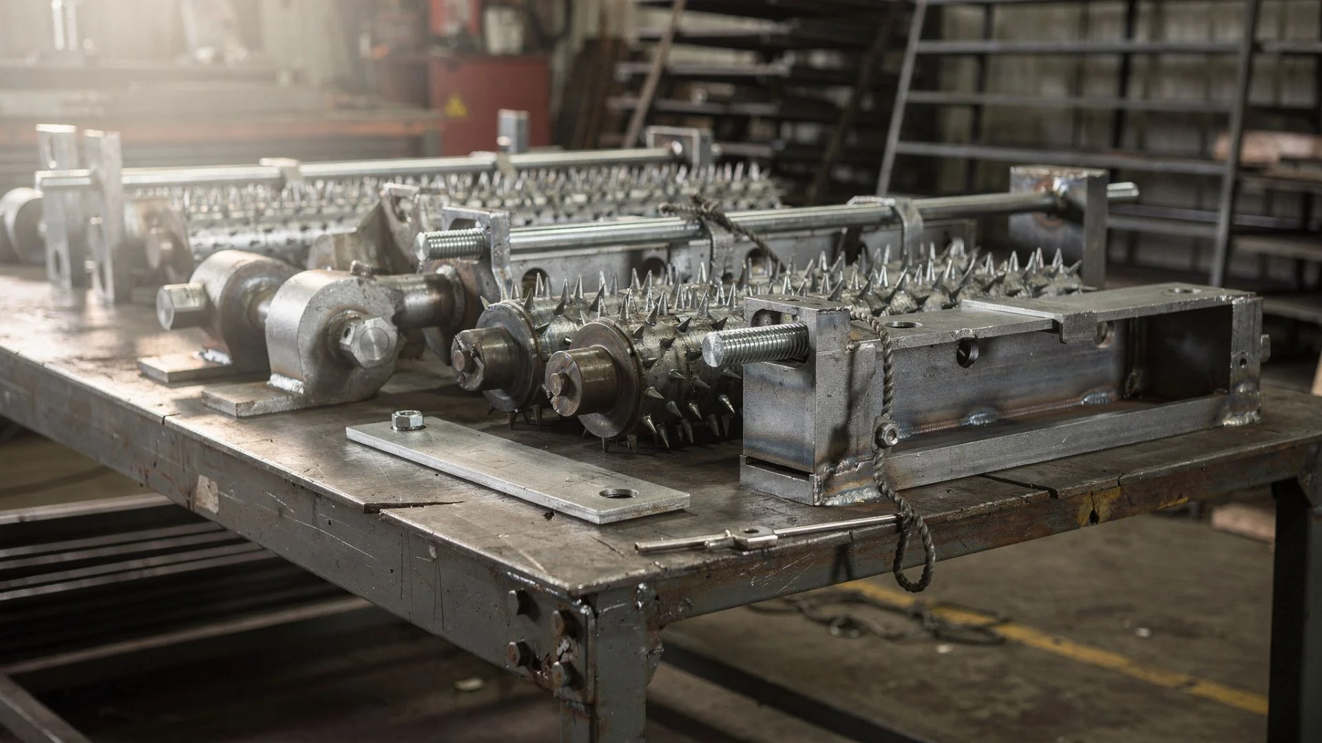 Rolinho espinho industrial para transporte de cavaco e eucalipto em linha de celulose, fabricado em aço com soldas estruturais na CRM Caldeiraria