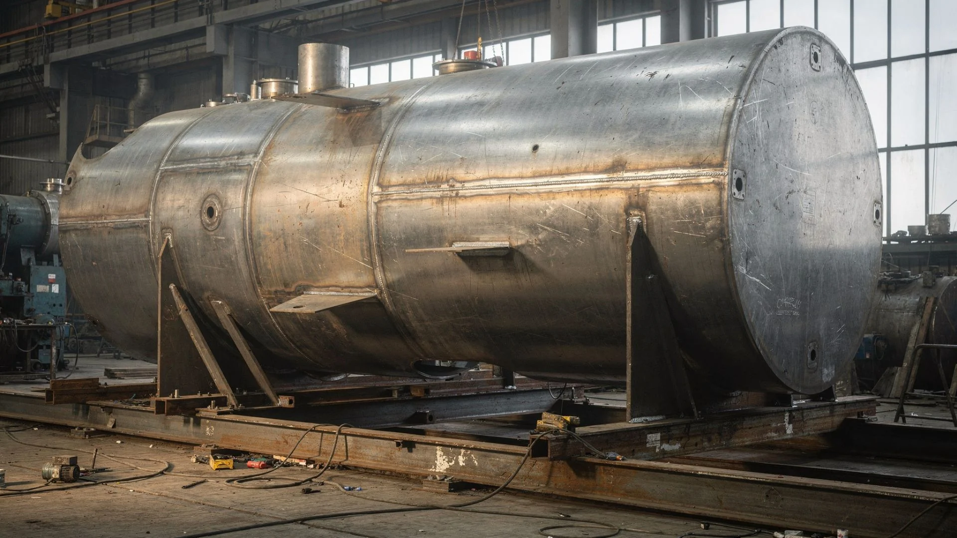 Tanque industrial horizontal em fabricação na caldeiraria CRM, com soldas estruturais e suportes metálicos